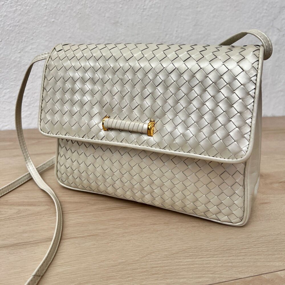 Vintage 90s Ganson San Francisco Intrecciato Weave Pearl White Leather Purse